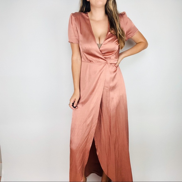 WAYF pink satin wrap maxi dress